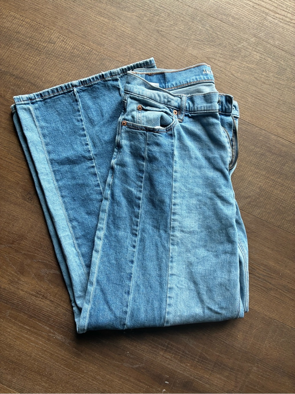 American Eagle Outfitters Two-Tone Light Blue low rise ultra flare